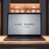 Ecomm vinz shops An AI generated image of online store with laptop displaying text on a luxury settings