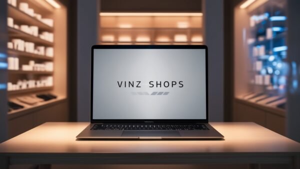 Ecomm vinz shops An AI generated image of online store with laptop displaying text on a luxury settings