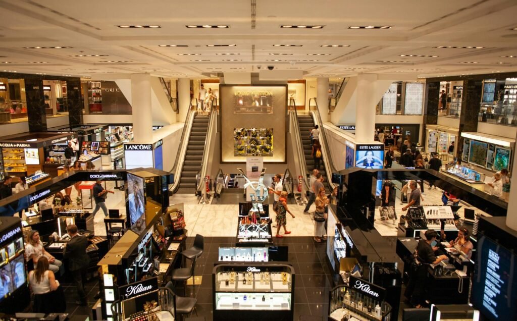 Shopping mall in singapore with people hustling around in the morning for busy shopping