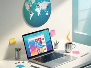 Social media marketing of various ad campaigns displayed in laptop screen, with world map hanging in the wall