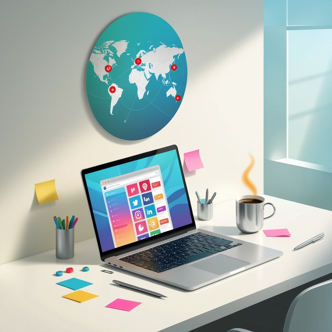 Social media marketing of various ad campaigns displayed in laptop screen, with world map hanging in the wall