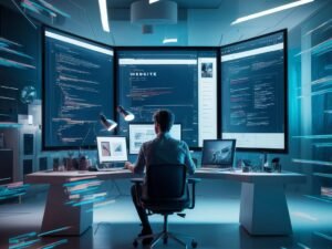 A guy, working in office with huge monitors for website monitoring