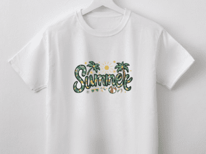 White tshirt, with printed design of word Summer with coconut trees written in nature colour.