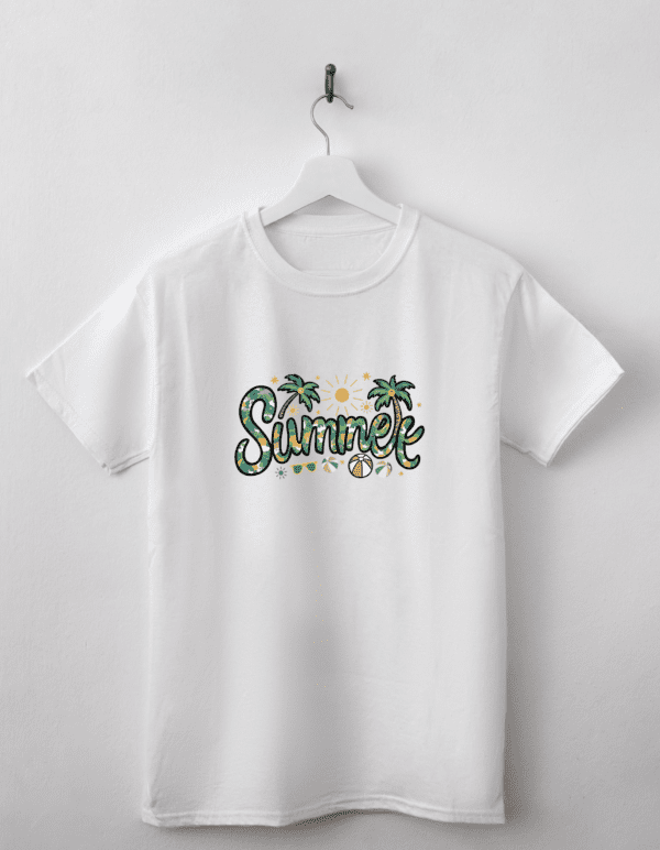 Summers White tshirt, with printed design of word Summer with coconut trees written in nature colour.