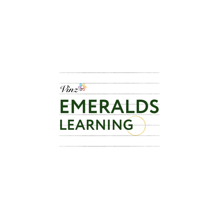 Text written on ruled note background. Logo text "Emeralds learning" with a small yello circle