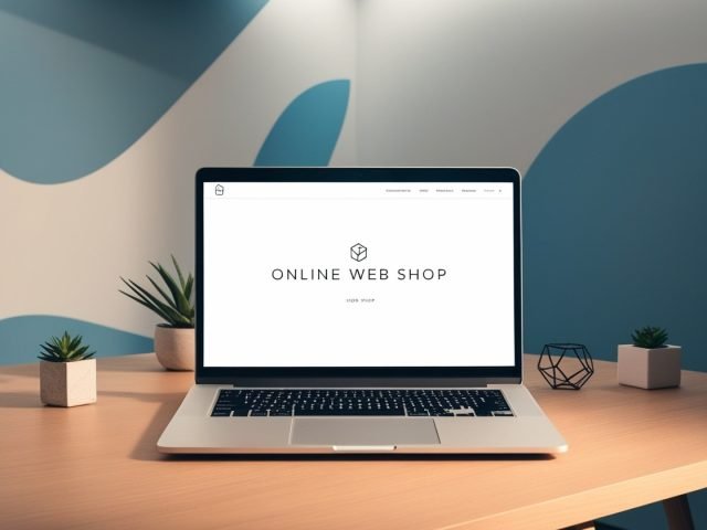 A laptop displaying text saying online web shop, placed in a table of well furnished room